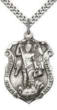 STERLING SILVER ST MICHAEL PENDANT ON A CHAIN - 1 1/4" x 3/4"
